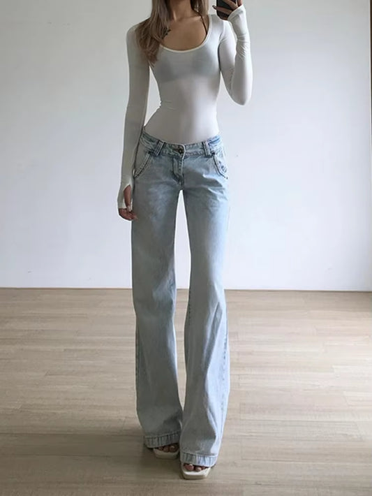 Light Blue Low Waist Jeans Woman Streetwear American Vintage Denim Pants Female Casual Washed Straight Pantalons Mujer