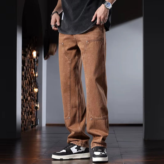 Baggy Cotton Men'S Wide Leg Pants Brown Jeans Summer Casual Loose Denim Trousers CP2272