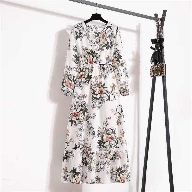 Spring Summer Women Maxi Dresses Casual Full Sleeve Floral Printed O-Neck Woman Bohe Beach Party Long Dress Mujer Vestidos