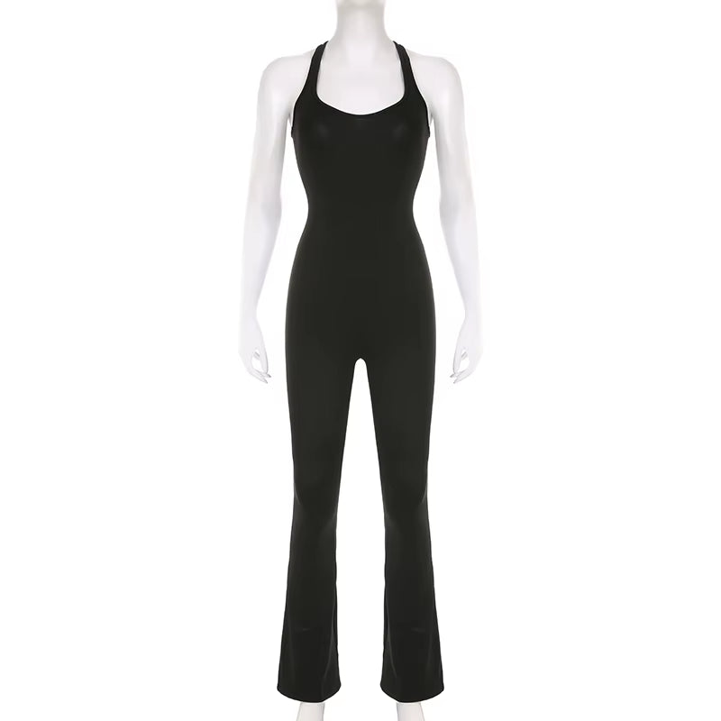 Women Sexy Jumpsuits Hollow Out Backless Sleeveless Solid Rompers Casual Bodycon Streetwear Sporty Overall Black Summer