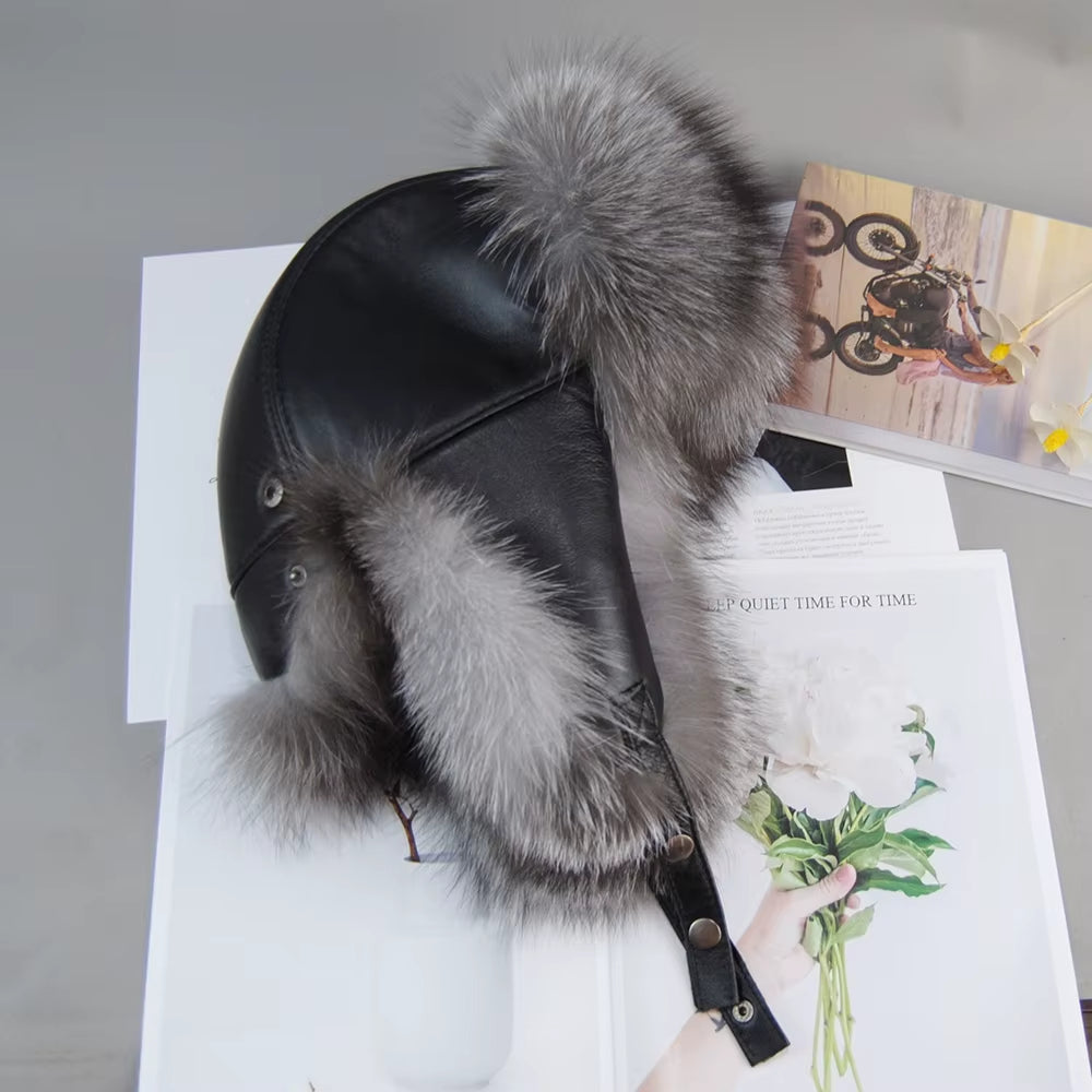 Winter Men'S 100% Real Silver Fox Fur Aviator Bomber Hat Raccoon Fur Ushanka Cap Trapper Russian Man Ski Hats Caps Real Leather