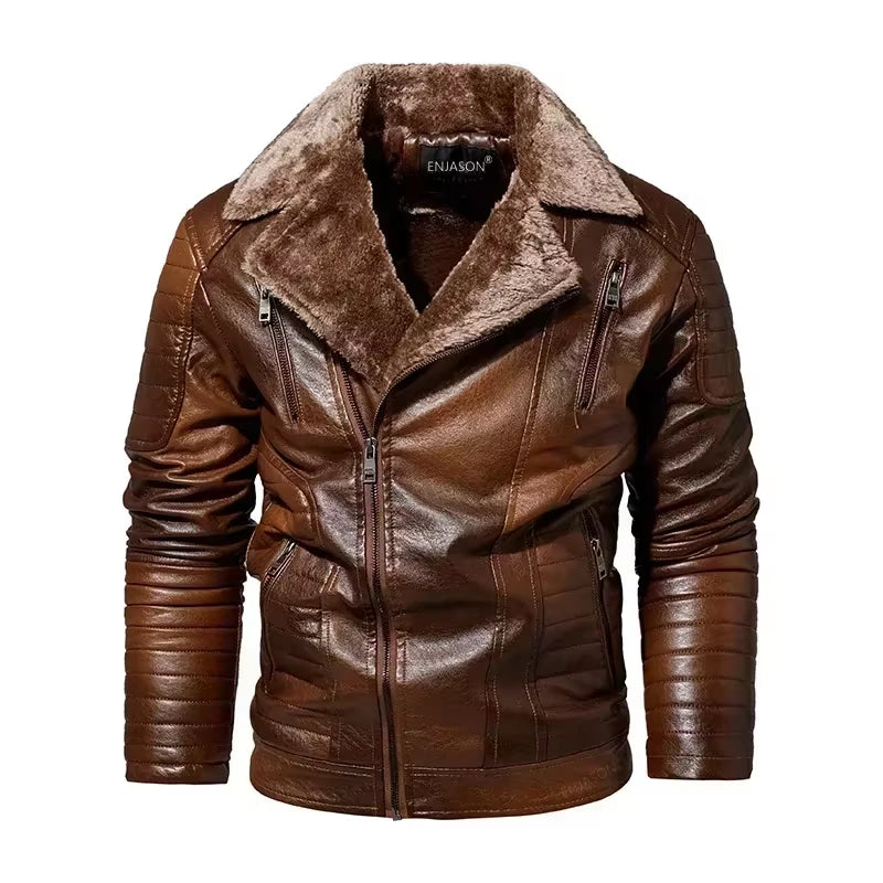 Fashion Warm Winter Men'S Leather Jacket with Fur Collar Thicken Fleece Motorcycle Coat Casual Faux Leather Locomotive Jacket