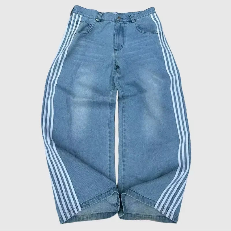 New Y2K Jeans Baggy High Quality Embroidered Striped Harajuku Sweatpants Hip Hop Streetwear Casual Wide Leg Denim Pants Aura