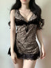 Leopard Lace Trim V-Neck Women Short Dresses Slim Sexy Gyaru High Fashion Bow Lace up Camisole Dresses