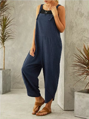 Women Large Cotton Linen Strap Loose Jumpsuit Summer Casual Wide Leg Ankle Length Fashion Jumpsuit Solid Color Pockets Romper