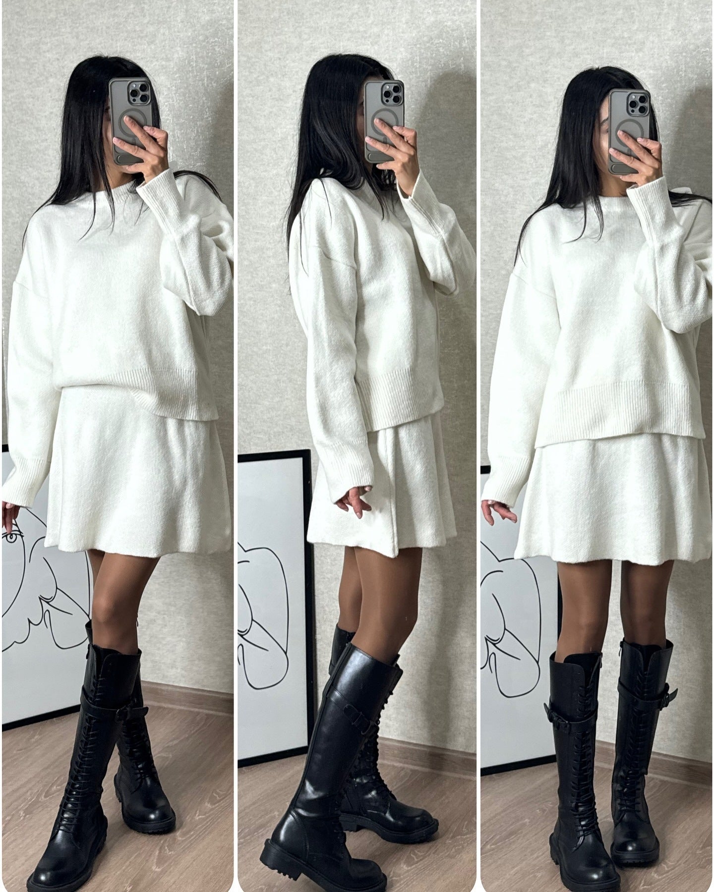 -Sweater Skirt Sets For Women 2 Pieces Knit Casual Versatile Long Sleeve Pullover Elegant Solid High Waist Mini Skirt Outfit