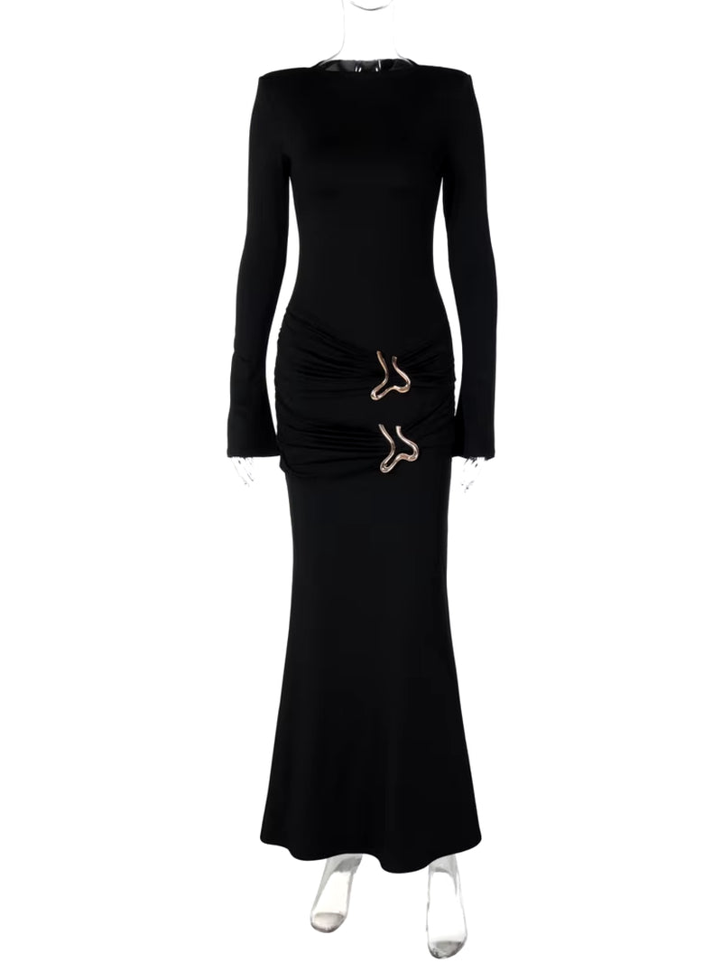 Sexy Long Sleeve O-Neck Solid Pleated Long Dress for Women Slim Fit High Waist Elegant Autumn Bodycon Evening Dress