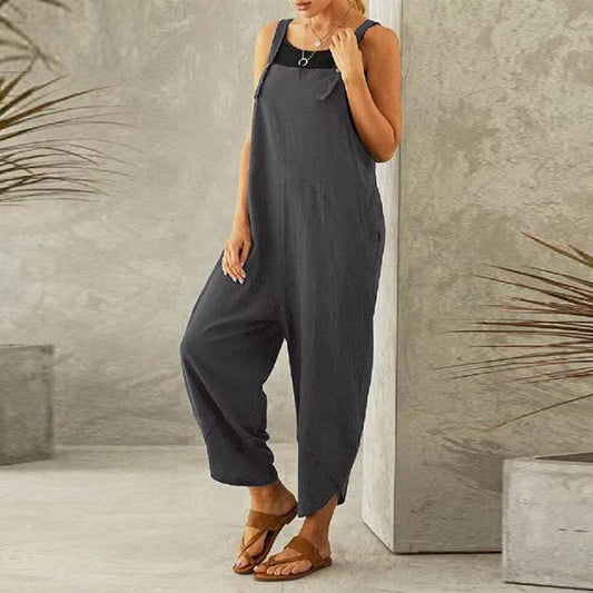 Women Large Cotton Linen Strap Loose Jumpsuit Summer Casual Wide Leg Ankle Length Fashion Jumpsuit Solid Color Pockets Romper