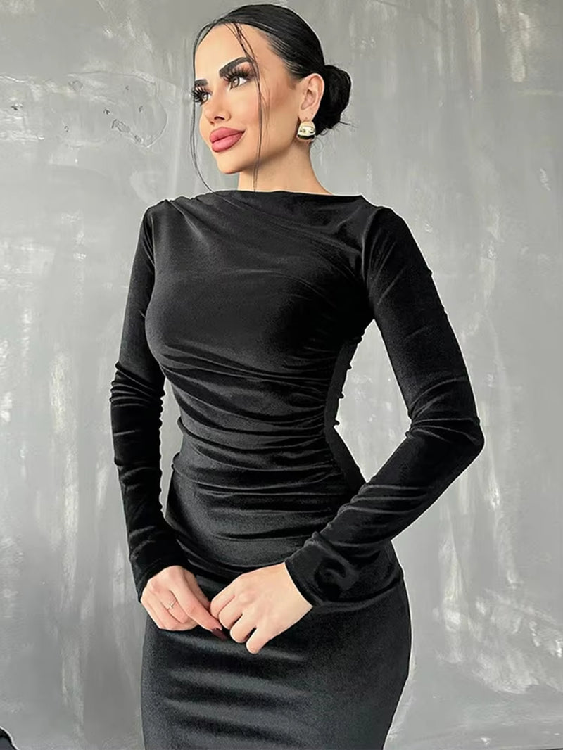 2024 Spring Summer Velvet Long Sleeve Midi Dress for Women Ruched Long Dress Elegant Party Clothes Evening Green Outfits