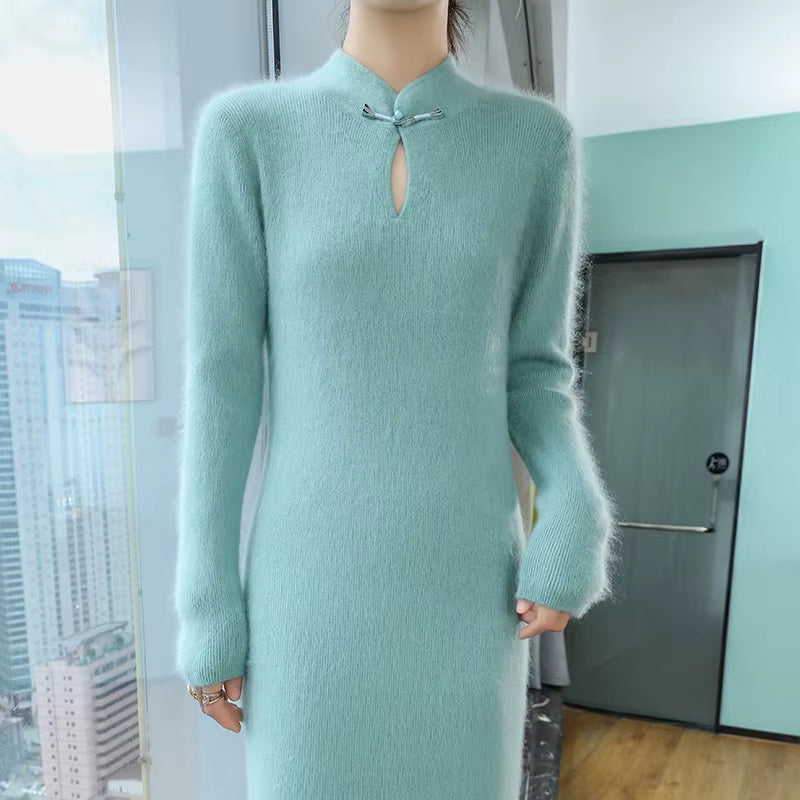 100% Pure Mink Cashmere Knitted Dress Women Stand up Collar Button Long Skirts Casual High Waist over Knee Dress New Thick Skirt