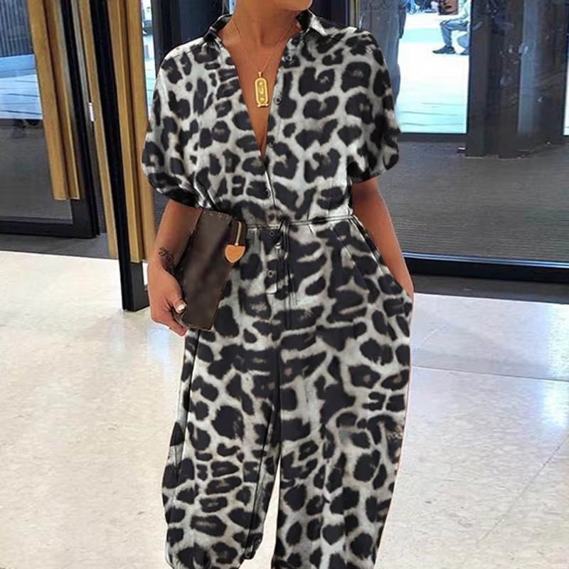 Leopard Printed Jumpsuit Women 2023 Summer New Short Sleeves Leace-Up Pocket Casual Jumpsuits Fashion Vintage Ladies Bodysuits