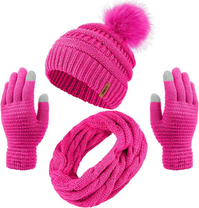 Womens Winter Warm Sets Knitted Fur Pompoms Beanie Hat Circle Loop Scarf Touch Screen Gloves Winter Favor Accessories