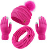 Womens Winter Warm Sets Knitted Fur Pompoms Beanie Hat Circle Loop Scarf Touch Screen Gloves Winter Favor Accessories