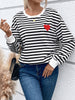 Heart Patch Striped Round Neck Long Sleeve Sweatshirt