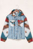 Multicolor Aztec Print Frayed Hem Denim Jacket