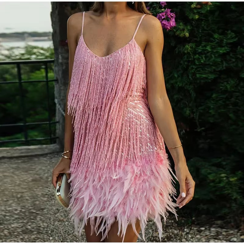 2025 New Sexy Tassel Sequins Feather Mini Dress Women Spaghetti Strap Stitching Dresses Female Elegant Evening Party Club Dress