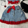 Gothic Skirt Two Piece Sets Womens Y2K Clothing Sexy Hot Sweetheart Harajuku Bow Retro Blue Denim Skirt Slim Strap Top Tops Set