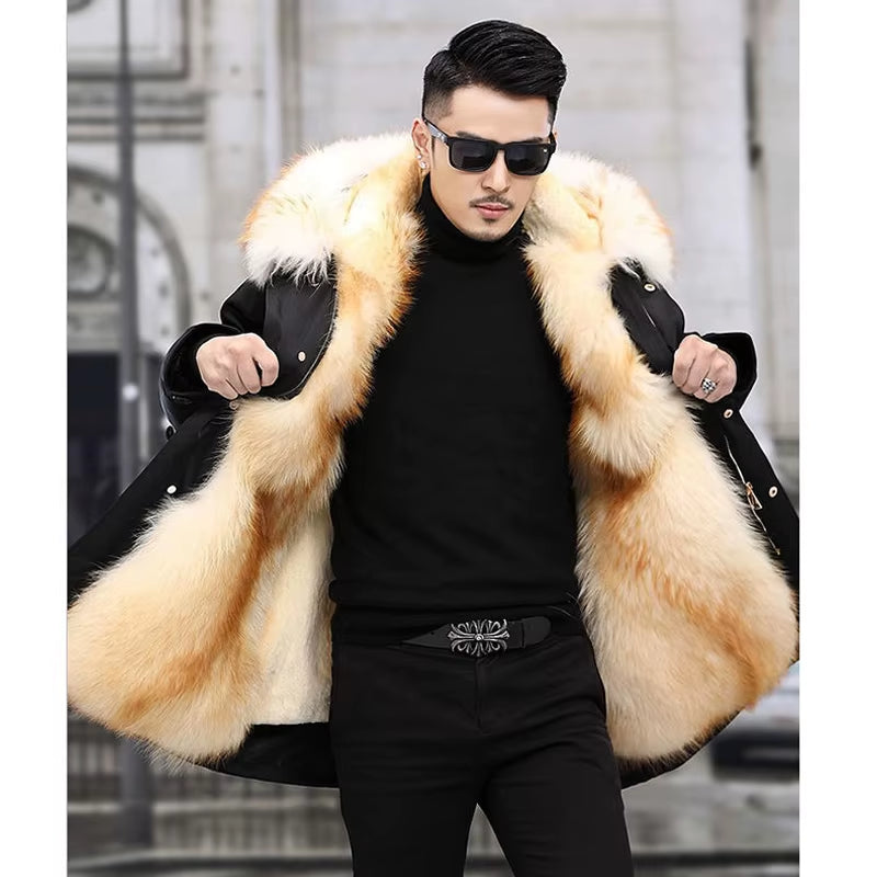 Parker Men'S Imitation Fur Liner Winter Warm New Fur One-Piece Coat Imitation Mink Fleece Mid-Length Fur Coat