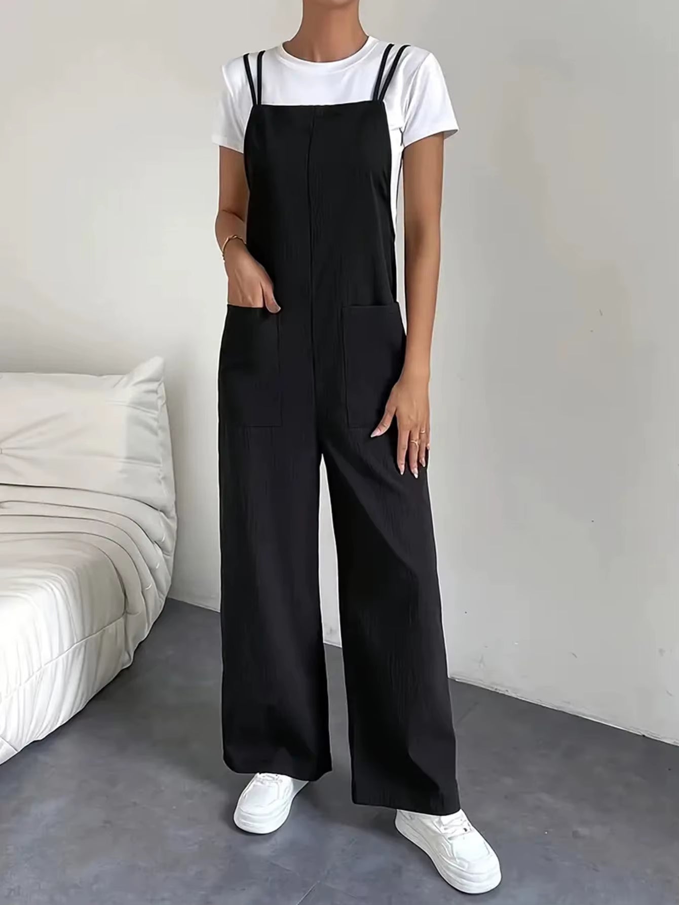 Fashionable Temperament, Casual Camisole Jumpsuit, Women'S Pocket Decoration, Wide Leg Straight Leg Jumpsuit, Jumpsuit Set