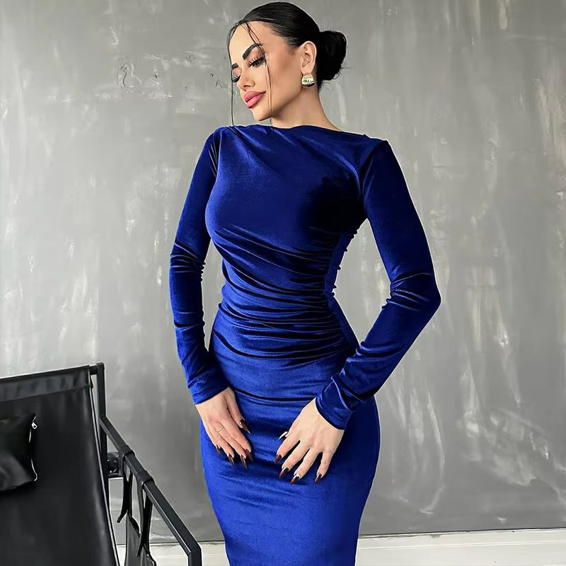 2024 Spring Summer Velvet Long Sleeve Midi Dress for Women Ruched Long Dress Elegant Party Clothes Evening Green Outfits