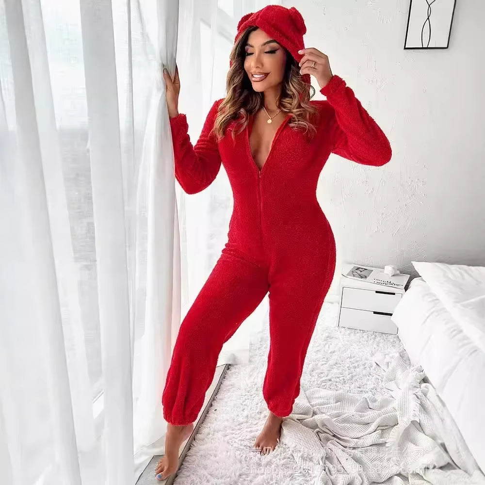 Homewear Pajamas Jumpsuits Women Autumn Winter Long-Sleeved Hooded Trousers Rompers Plush Loungewear Pajamas Jumpsuit Outfits