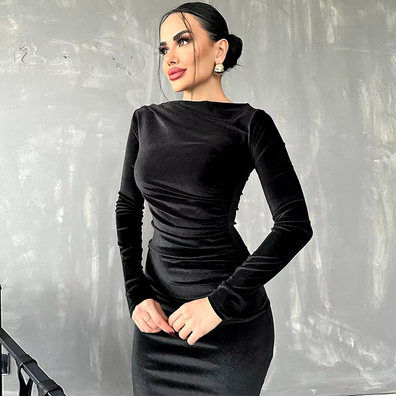 2024 Spring Summer Velvet Long Sleeve Midi Dress for Women Ruched Long Dress Elegant Party Clothes Evening Green Outfits