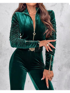 Velvet Zipper Design Jumpsuits for Women 2024 Elegant Ruched Long Sleeve Jumpsuit with Elastic Waistbelt Overalls Woman Clothing