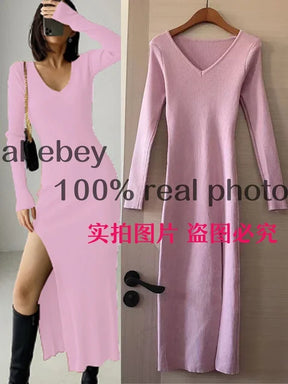 Spring and Winter Sexy French Slit Sweater Dress Female Slim Tight-Fitting Hip-Knit Over-The-Knee Dresses