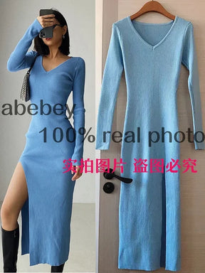 Spring and Winter Sexy French Slit Sweater Dress Female Slim Tight-Fitting Hip-Knit Over-The-Knee Dresses