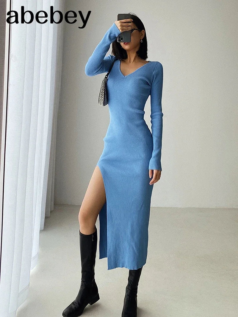 Spring and Winter Sexy French Slit Sweater Dress Female Slim Tight-Fitting Hip-Knit Over-The-Knee Dresses