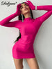 Solid Long Sleeve with Gloves Mini Dress Bodycon Sexy Streetwear Party Half Turtleneck Outfits Y2K Clothes Wholesale