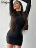 Solid Long Sleeve with Gloves Mini Dress Bodycon Sexy Streetwear Party Half Turtleneck Outfits Y2K Clothes Wholesale