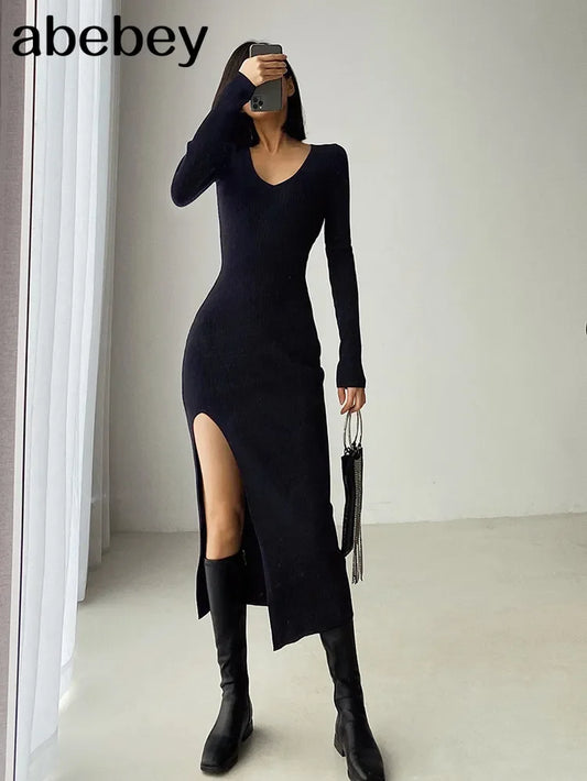 Spring and Winter Sexy French Slit Sweater Dress Female Slim Tight-Fitting Hip-Knit Over-The-Knee Dresses