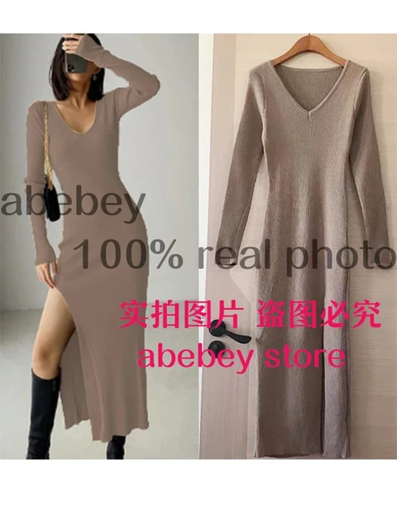 Spring and Winter Sexy French Slit Sweater Dress Female Slim Tight-Fitting Hip-Knit Over-The-Knee Dresses