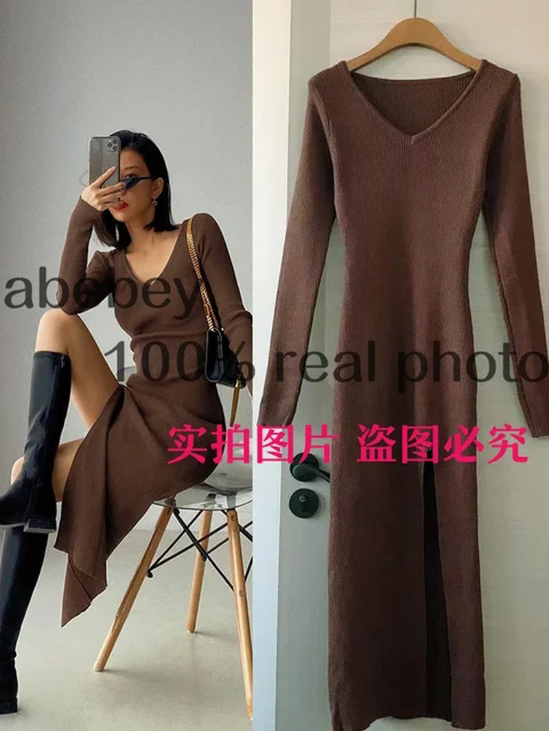 Spring and Winter Sexy French Slit Sweater Dress Female Slim Tight-Fitting Hip-Knit Over-The-Knee Dresses