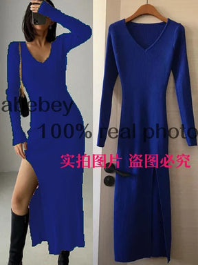 Spring and Winter Sexy French Slit Sweater Dress Female Slim Tight-Fitting Hip-Knit Over-The-Knee Dresses