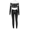 Women Sexy Lace Patchwork Slim Fit 2 Piece Set Spring 2024 Slash Neck Strapless Crop Top Fashion Pants Casual Streetwear Outfits