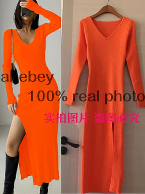 Spring and Winter Sexy French Slit Sweater Dress Female Slim Tight-Fitting Hip-Knit Over-The-Knee Dresses