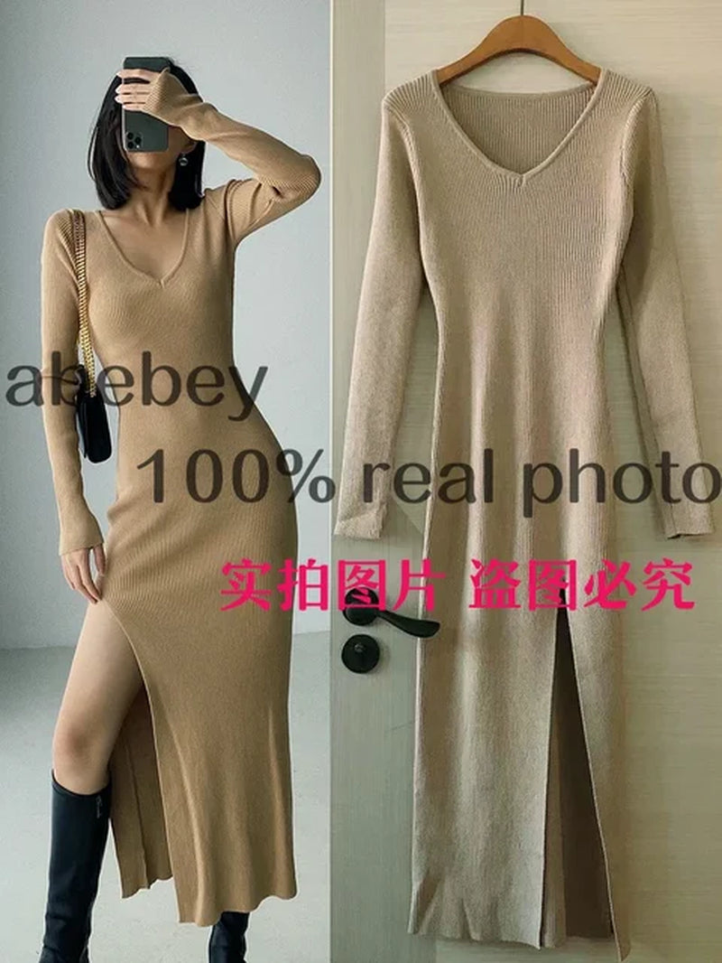 Spring and Winter Sexy French Slit Sweater Dress Female Slim Tight-Fitting Hip-Knit Over-The-Knee Dresses