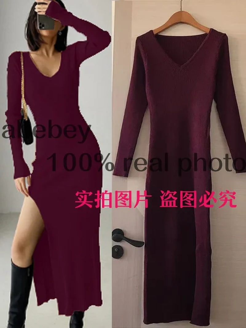 Spring and Winter Sexy French Slit Sweater Dress Female Slim Tight-Fitting Hip-Knit Over-The-Knee Dresses