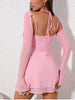 Newasia Sweet Mesh Full Sleeve Pink Dress Women Sexy Solid Backless Bandage Mini Vestido Mujer Summer Vacation Party Club Outfit