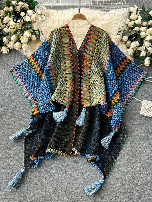 SINGREINY Bohemian Loose Cardigan Bat Cloak Tassel Design Print Fashion Knitted 2023 Autumn Retro Tour Irregular Oversize Coat