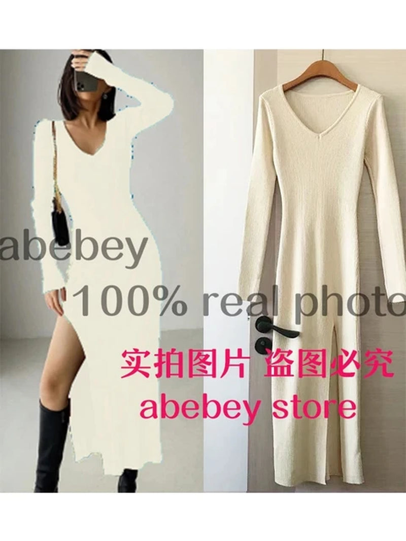 Spring and Winter Sexy French Slit Sweater Dress Female Slim Tight-Fitting Hip-Knit Over-The-Knee Dresses